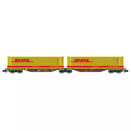Vagón Sggmrss 90 TOUAX + 2 Contenedores 45′ DHL – REE MODELS NW-236 – N 1/160 – SNCF – VI