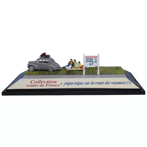 Renault 4 CV gris, baca, 3 maletas, escenario picnic y muro Michelin N7 – Sai 1993 – HO 1/87