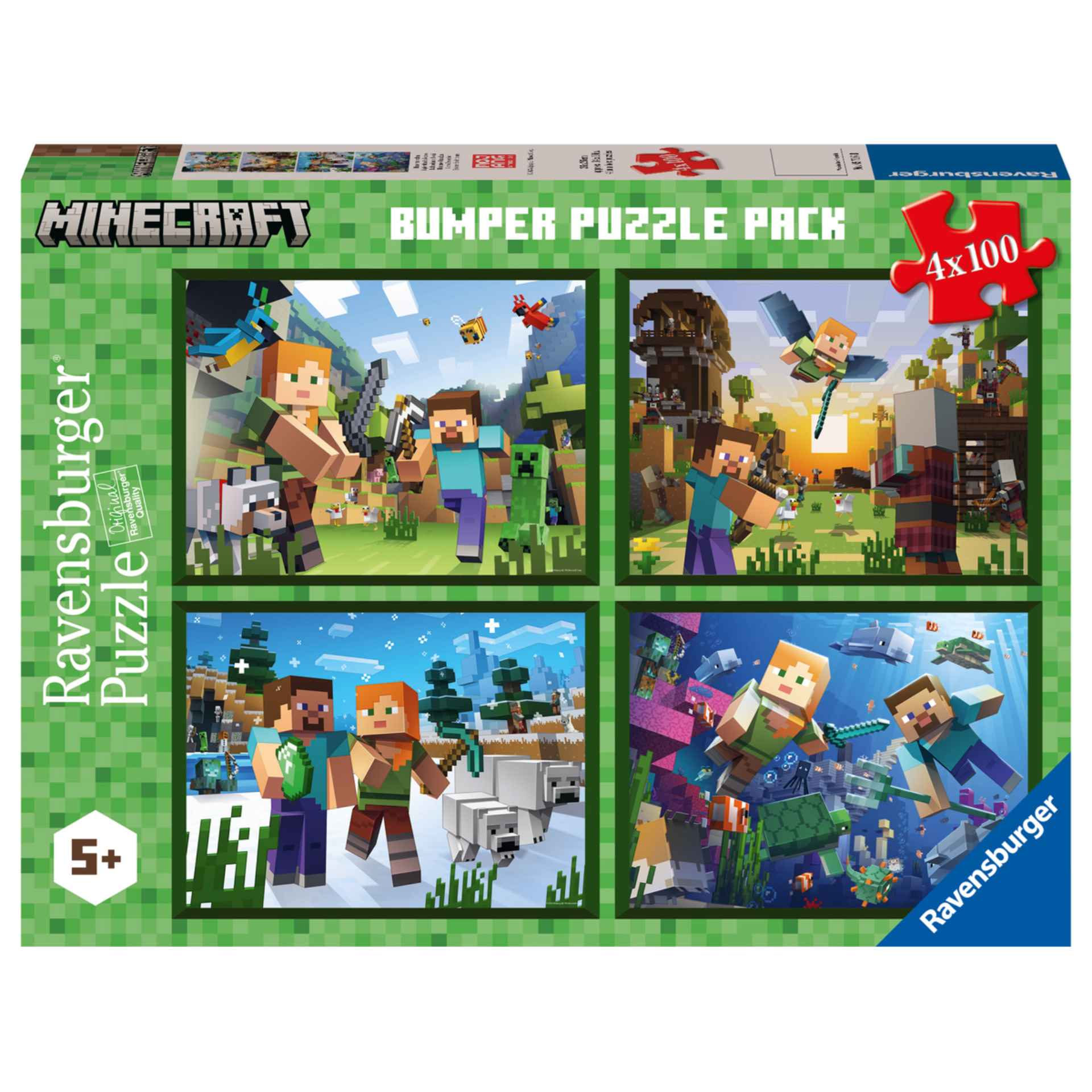 Ravensburger Puzzle Minecraft Colección 4×100 Bumper Pack, 4 Puzzle de 100 Piezas, Puzzle para Niños
