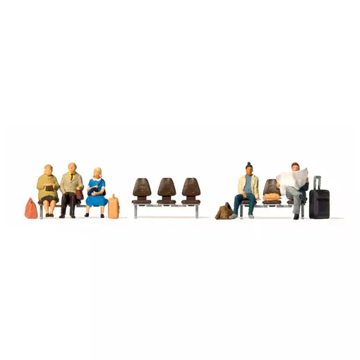 Lote de 5 viajeros sentados en asientos con su equipaje – PREISER 10660 – HO 1/87